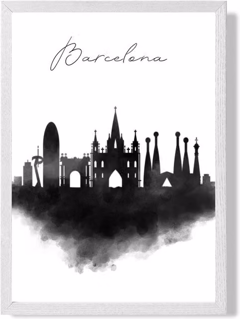 ARTZE Barcelona Watercolour Skyline City Framed Print, Black and White, A3