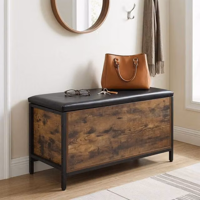 SPETLEK Industrial Lift-Top Shoe Bench with Brown Faux Leather Seat – 1