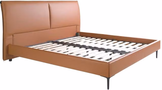 Angel Cerda Brown Leatherette Double Bed with Pine Base and Steel Legs, W: 180 cm, D: 200 cm, H: 110 cm