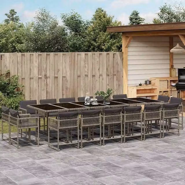 Berkfield Home 17 Piece Grey Poly Rattan Garden Dining Set with Cushions and Glass Top