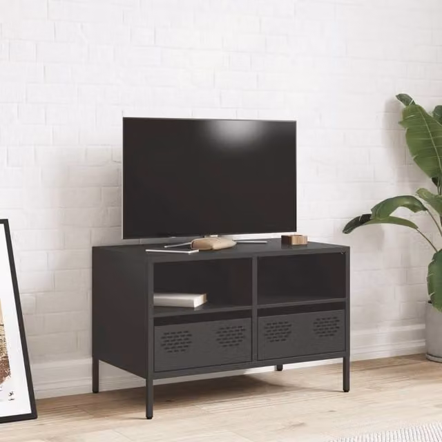 Berkfield Home Industrial TV Cabinet in Matt Black Metal, W: 68 cm, D: 39 cm, H: 43.5 cm