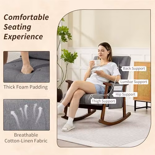 HOMCOM Modern Grey Fabric Rocking Chair with Solid Wood Frame and Armrests W/D/H: 65 x 84 x 87 cm – 4