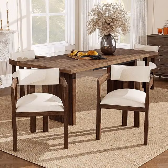 ModernLuxe Set of 2 Solid Wood Dining Chairs with Beige Fabric Upholstery in Walnut