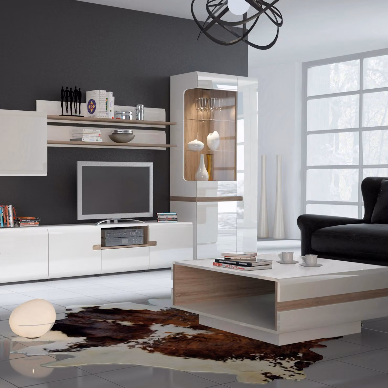 Furniture To Go Chelsea White High Gloss and Truffle Oak Tall Glazed Narrow Display Cabinet RHD – 3