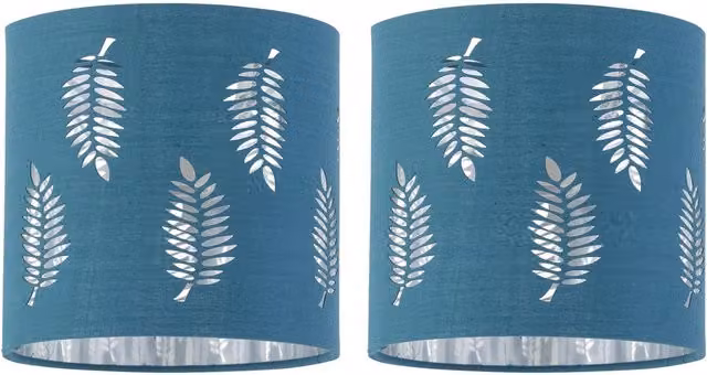 First Choice Lighting Set of 2 Fern Petrol and Silver Cut Out Round Fabric Table Lamp Shades, Diameter: 15.5 cm – 1