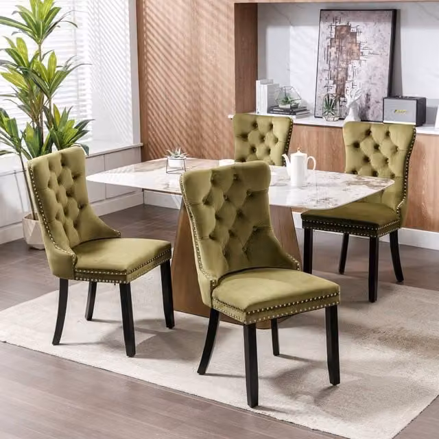 Modern Home Touch Romsey Set of 4 Green Velvet Upholstered Dining Chairs with Oak Legs and Knocker Ring Back