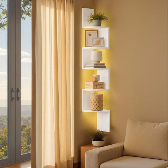 VASAGLE 5-Tier Wall Mounted Corner Shelf with Integrated LED Lights in White