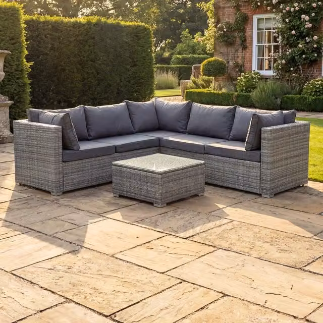 Artemis Home Oliena 5 Seat Modular Rattan L-Shaped Corner Garden Furniture, Grey, W/D/H: 202 x 72 x 67 cm