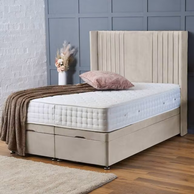 BSSPOKE Charlotte Ottoman Divan Bed in Beige Plush Velvet with 54 inch Headboard, W/D/H: 120 x 200 cm