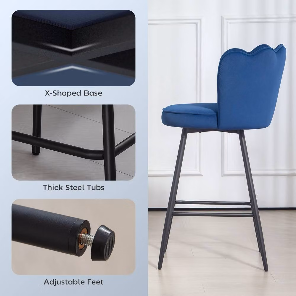 Wyld Haus Set of 2 Lotus Bar Stools in Blue Velvet with Metal Upholstered Frame – 6