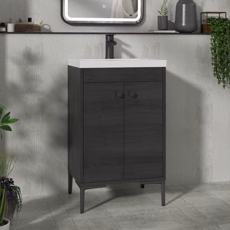 Royal Bathrooms Verona 500mm Black Woodgrain Floor Standing 2 Door Vanity Unit with Mid-Edge Basin and Matt Black Knob