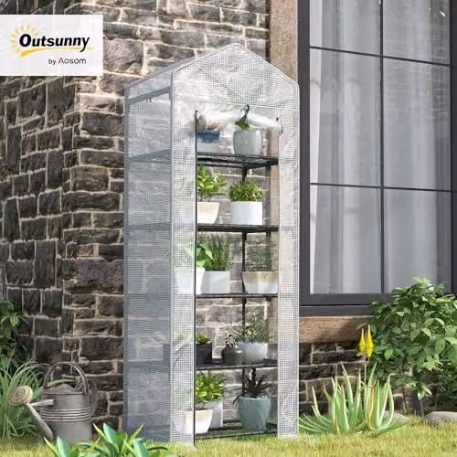 Outsunny 5 Tier Mini Greenhouse with PE Cover and Roll Up Door, White/Grey, W/D/H: 69 x 49 x 193 cm – 2