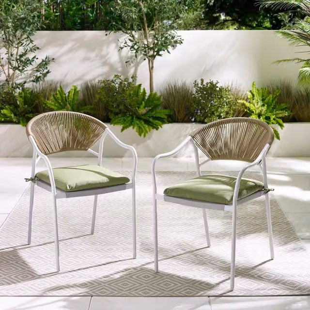 FurnitureboxUK Pair of Elba Outdoor Dining Chairs with Cushions in Metal and Rattan, Stackable, Beige