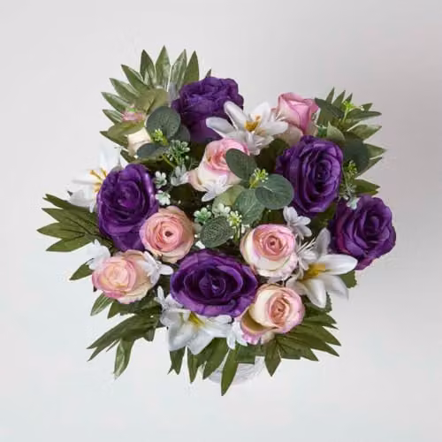 HOMESCAPES Mixed Floral Bouquet Set of 2, Pink, Purple, White and Green Textile Flowers – 2