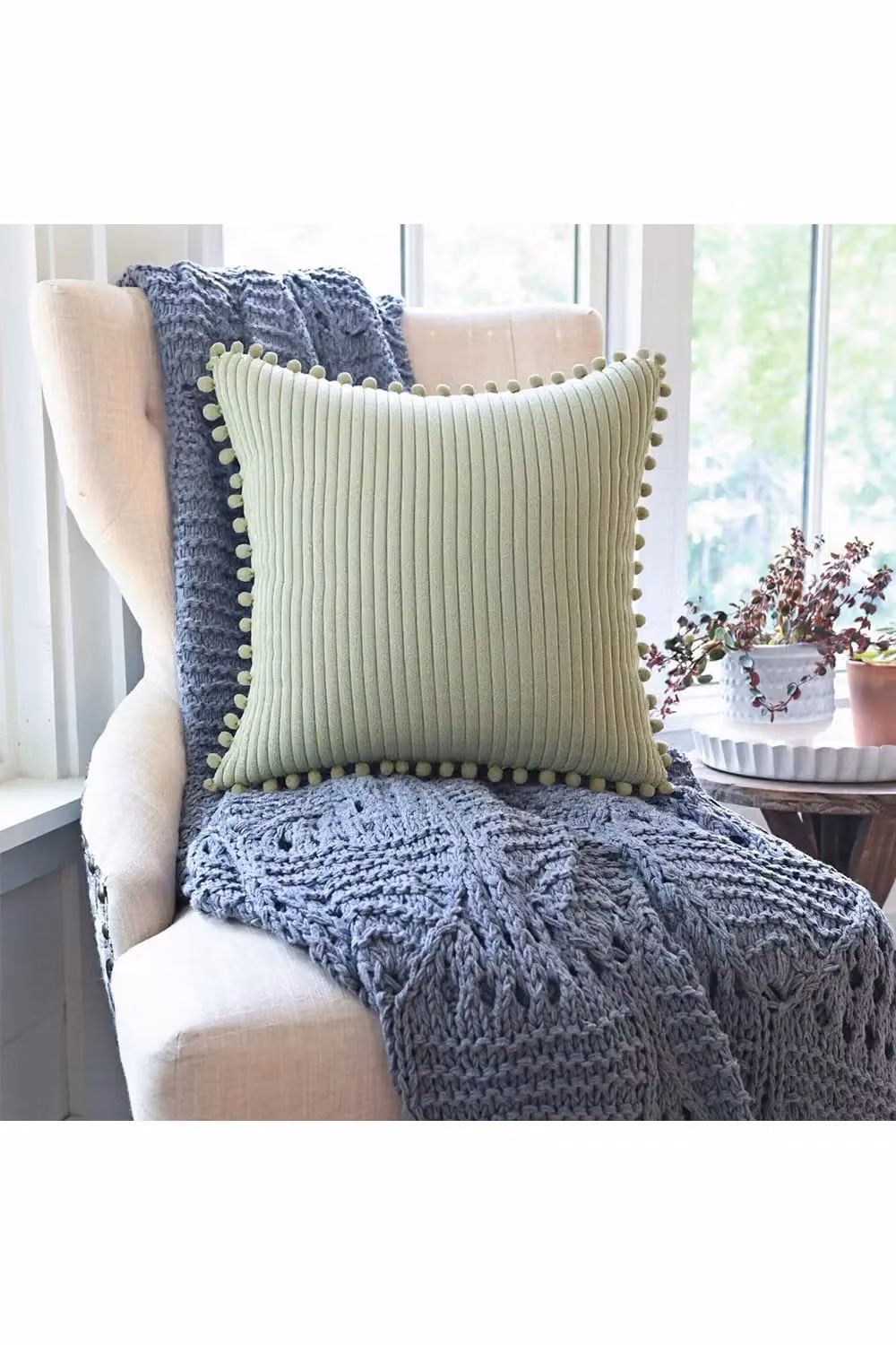Living and Home Green Polyester Square Cushion Cover with Pom-Pom Trim – 2