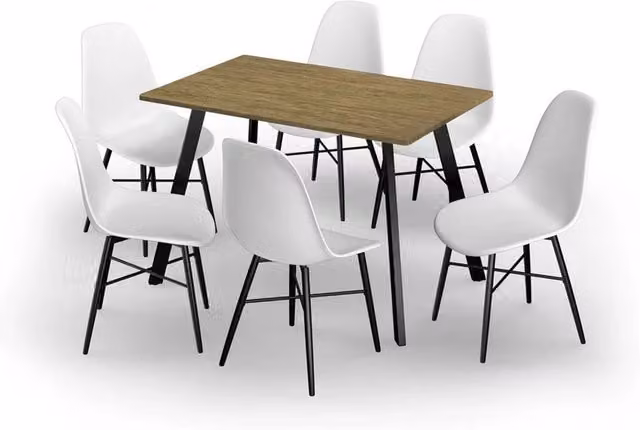 URBNLIVING Oak Dining Table and 6 White Tulip Chairs Set with Metal Legs