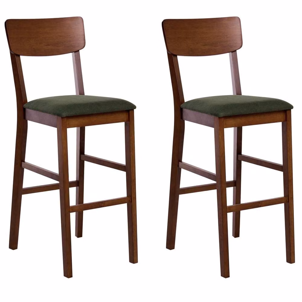Wyld and Coco Set of 2 Walnut Rubberwood Bar Chairs with Dark Green Fabric Upholstery in Brown – 2