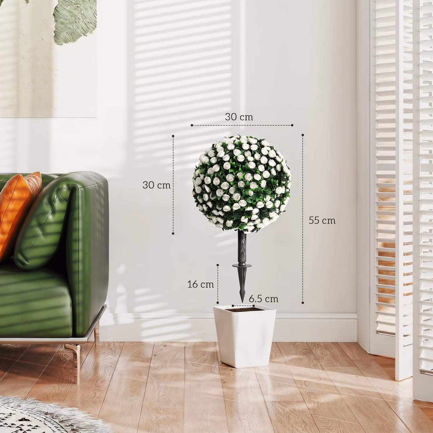 HOMCOM 2-Pack White Artificial Rose Topiary UV Resistant Round Floral Plants, Height: 55 cm – 3