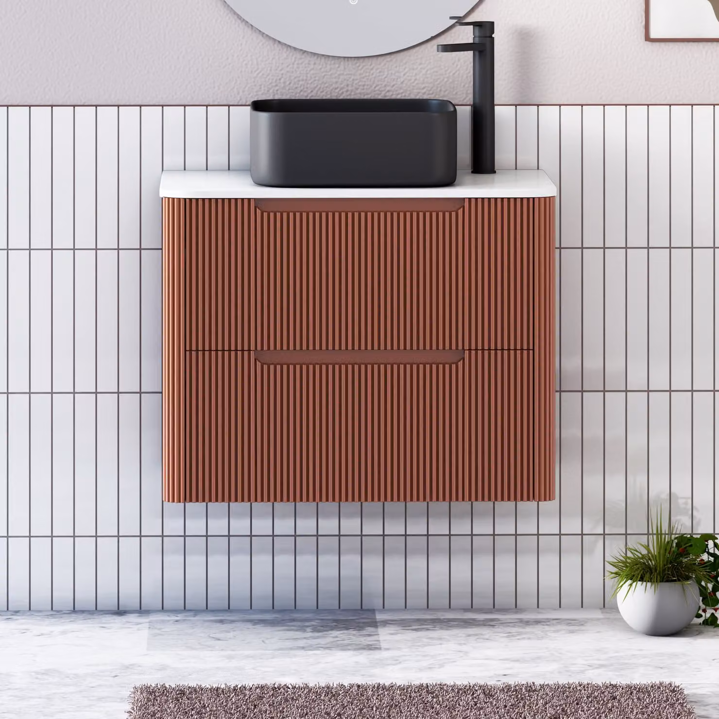 Royal Bathrooms Avenza 800mm Terracotta Clay Wall Hung 2 Drawer Vanity Unit with Plain White Worktop and Art Square Basin
