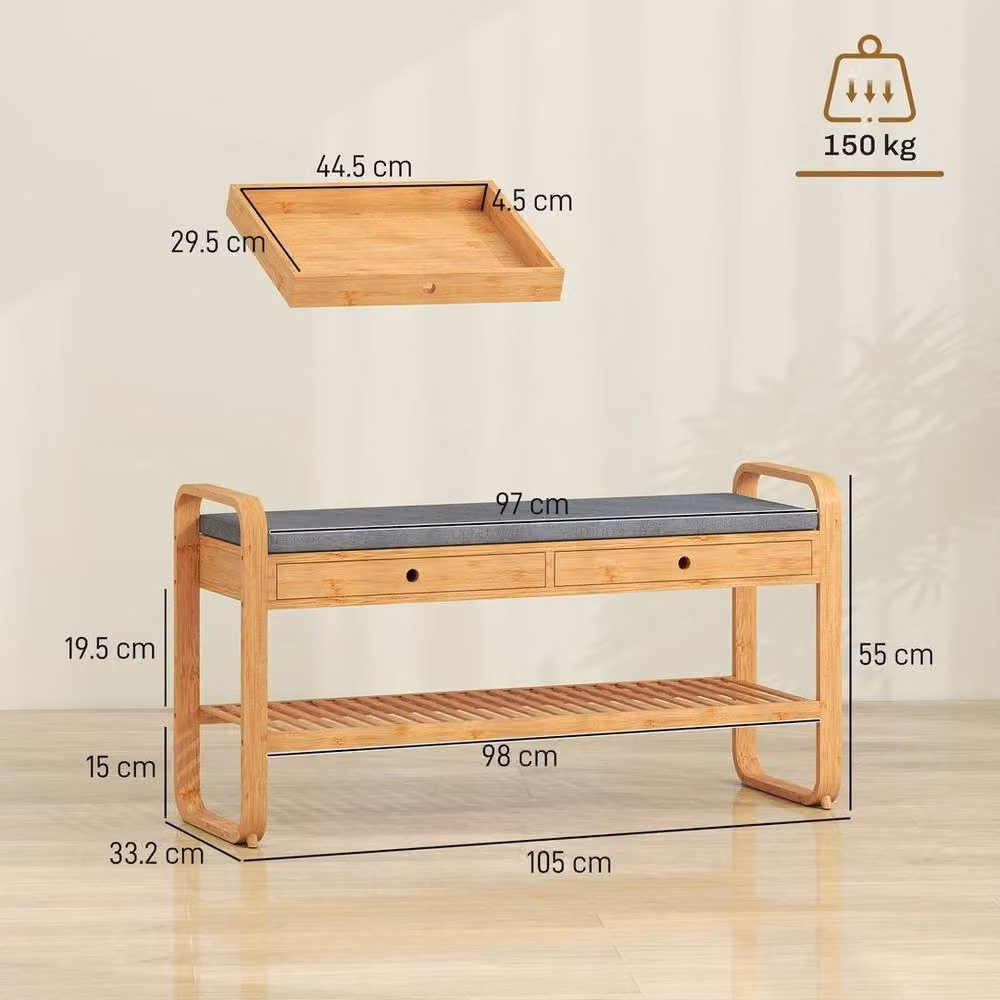 NESTLUNE Grey Cushioned Shoe Bench with 2 Drawers, W: 100 cm, D: 60 cm – 2