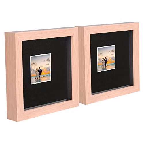 Nicola Spring Pack of 2 Light Brown 3D Wooden Box Photo Frames with Black Mount, W/D/H: 17.5 x 17.5 x 3.5 cm