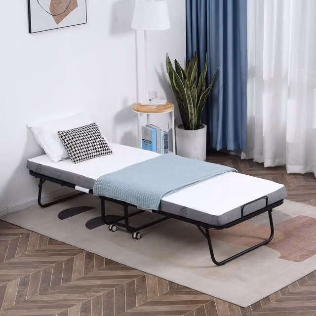 HOMCOM Folding Rollaway Bed with 10cm Mattress and Metal Frame in White, W/D/H: 90 x 190 cm