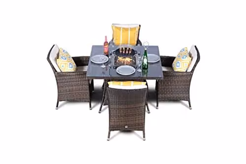 Giardino Savannah 4 Seater Rattan Fire Pit Dining Set in Brown, Square W/D: 110 x 110 cm