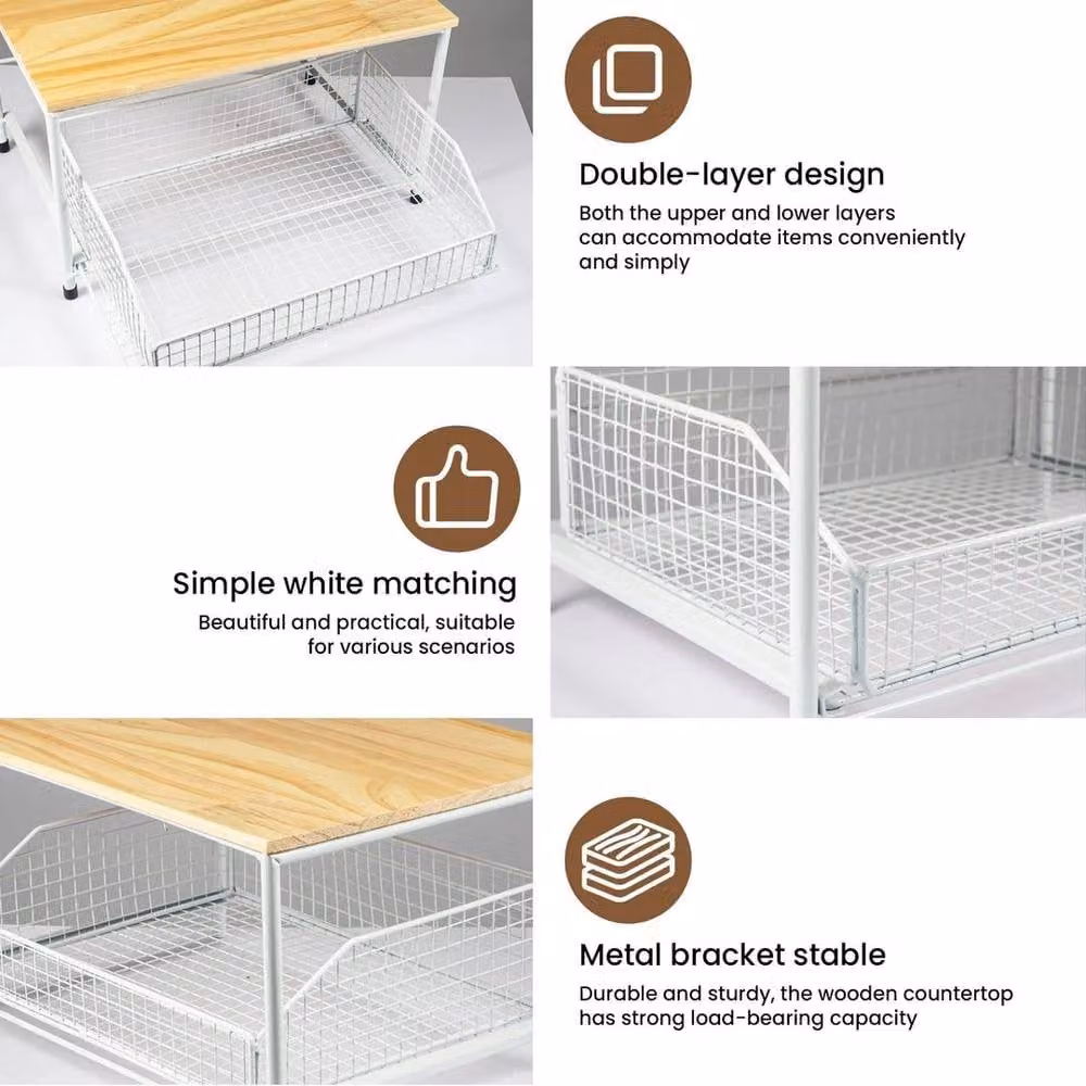 Kelvenix White 2-Tier Freestanding Kitchen Countertop Organizer in Metal and Wood – 2