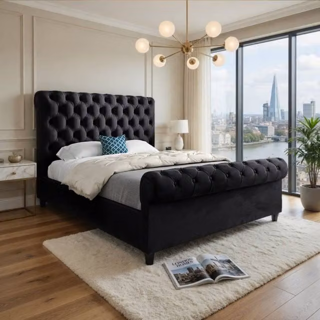 Casani Stopham Sleigh Upholstered Designer Bed Frame in Black Soft Velvet, Size: Double (140 x 200 cm)