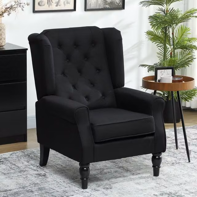 HOMCOM Retro Tufted Wingback Accent Chair in Black Fabric with Solid Wood Frame – 1