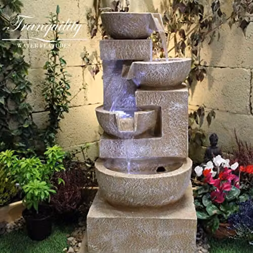 Tranquillity Sparkling Bowls Modern Red and Beige Stone Water Feature with Cascade Waterfall – 2