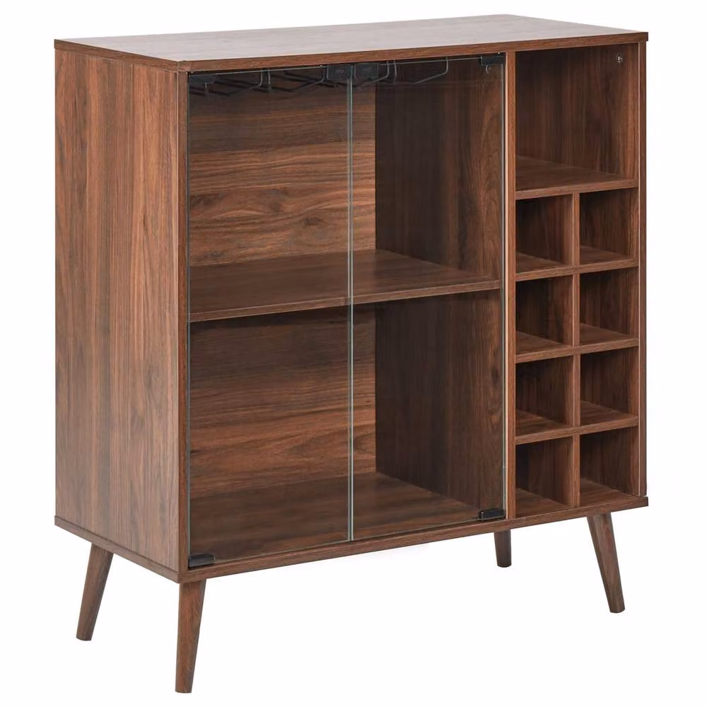 Wyld and Coco Mid-Century Brown Pine Sideboard with Glass Fronts and 2 Shelves – 2