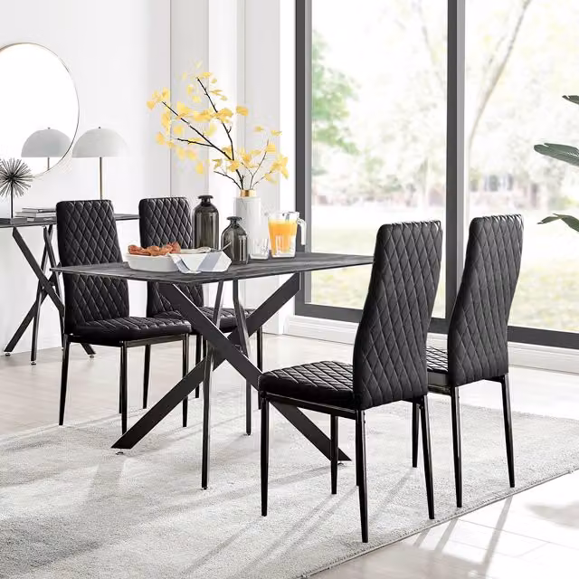 Furniturebox Leonardo Grey Glass Marble Effect Rectangular Dining Table and 4 Milan Black Leg Chairs Set