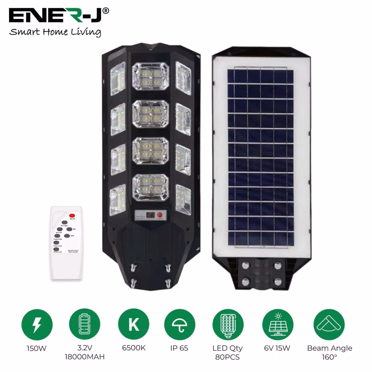 ENER-J 150W Solar Streetlight with 6V 15W Solar Panel, 18000 mAh Battery and Remote Control, 6500K Cool White, White – 2