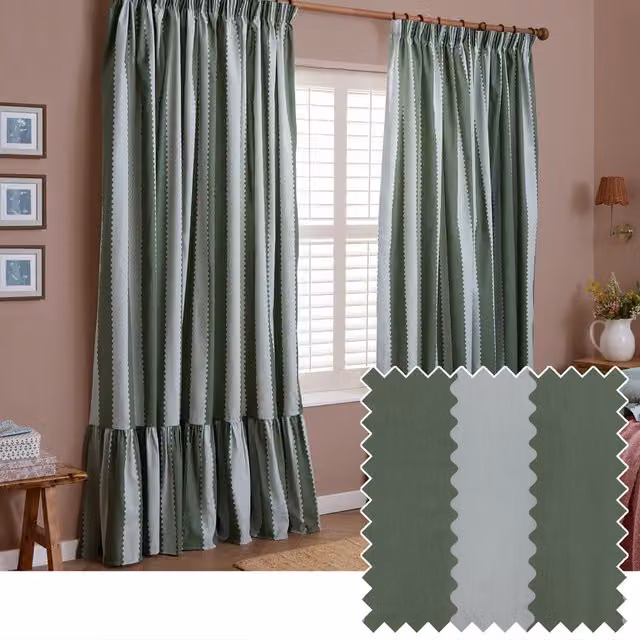 Make It A Home Birdie Stripe Fully Lined Ruffle Pencil Pleat Curtain Pair in Green, Width: 168 cm, Height: 229 cm