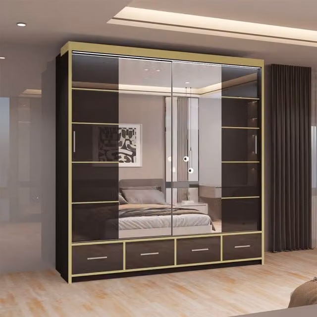 MN Furniture Modern High Gloss Sliding Mirror Wardrobe with LED Lighting in Black and Gold, W/H: 203 x 220 cm