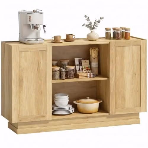 HOMCOM Rustic Brown Wood Sideboard Buffet Cabinet with 2 Open Shelves, W: 133 cm