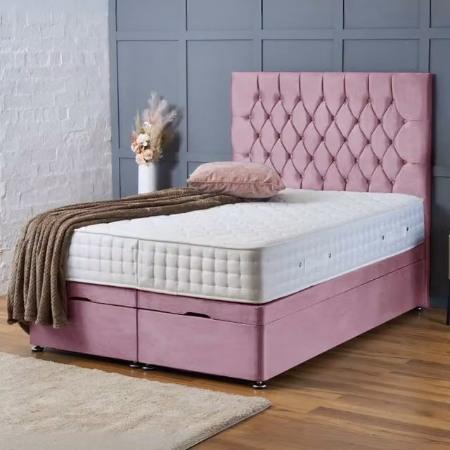 BSSPOKE Mia Ottoman Divan Bed with 54 inch Headboard and Mattress in Pink Plush Velvet, W/D/H: 140 x 200 cm