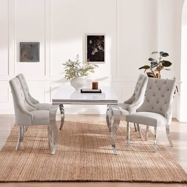 FurnitureboxUK Skye Rectangle Marble Effect Dining Table and 4 Grey Belgravia Chairs in White