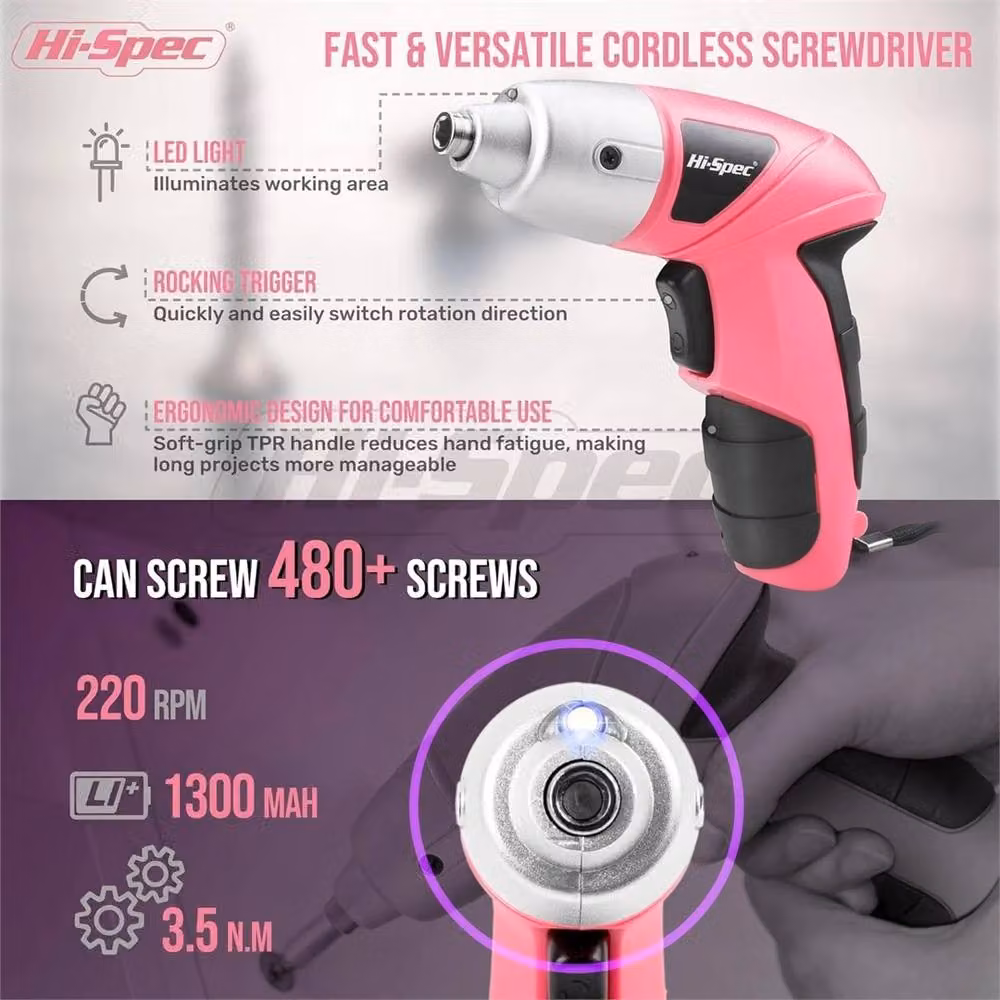 Nordara 3.6V Pink Cordless Screwdriver 19PC USB Rechargeable Tool Kit – 5
