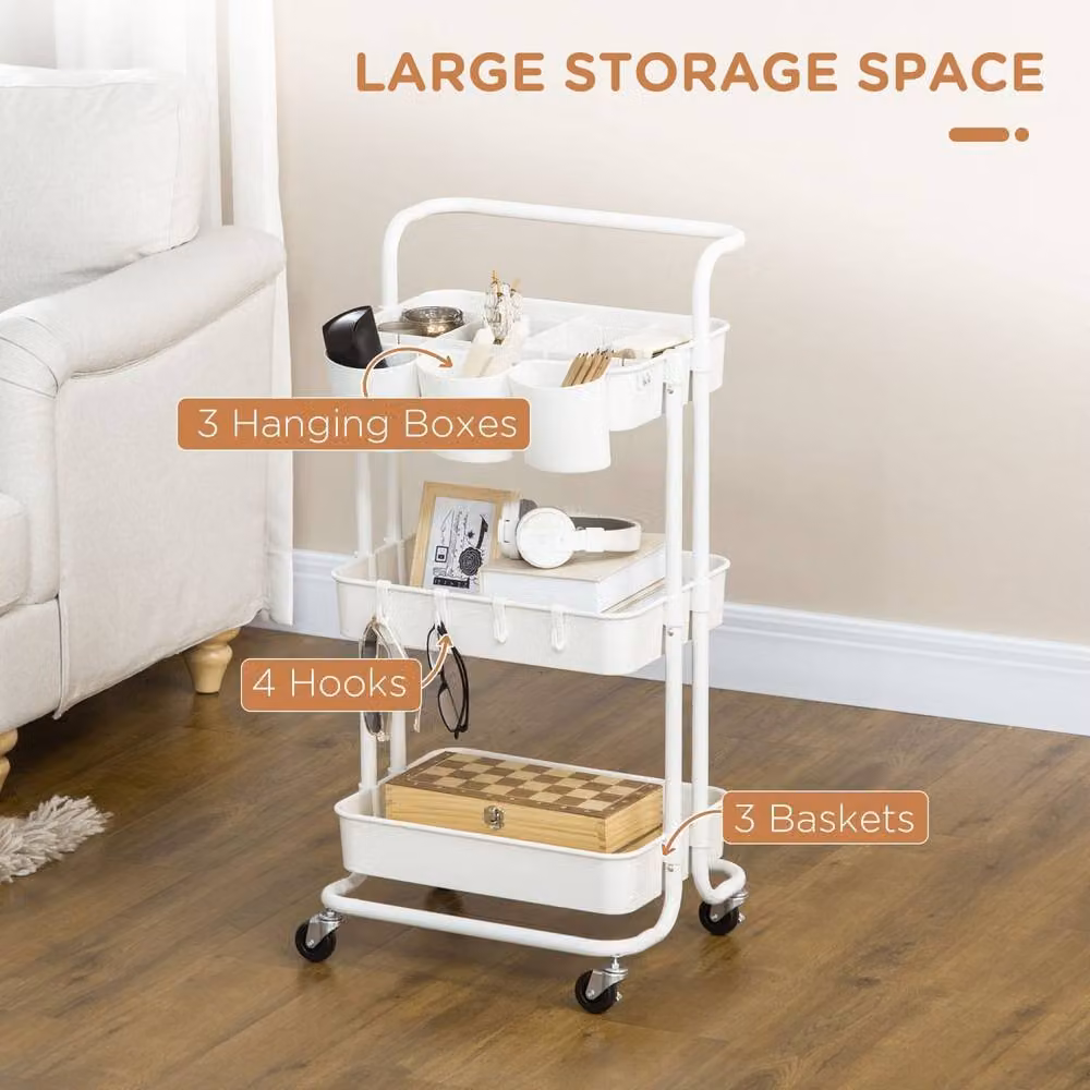 Wyld Haus 3 Tier White Metal Storage Trolley with Handle and Wheels, W/D/H: 42.0 x 38.0 x 86.5 cm – 3