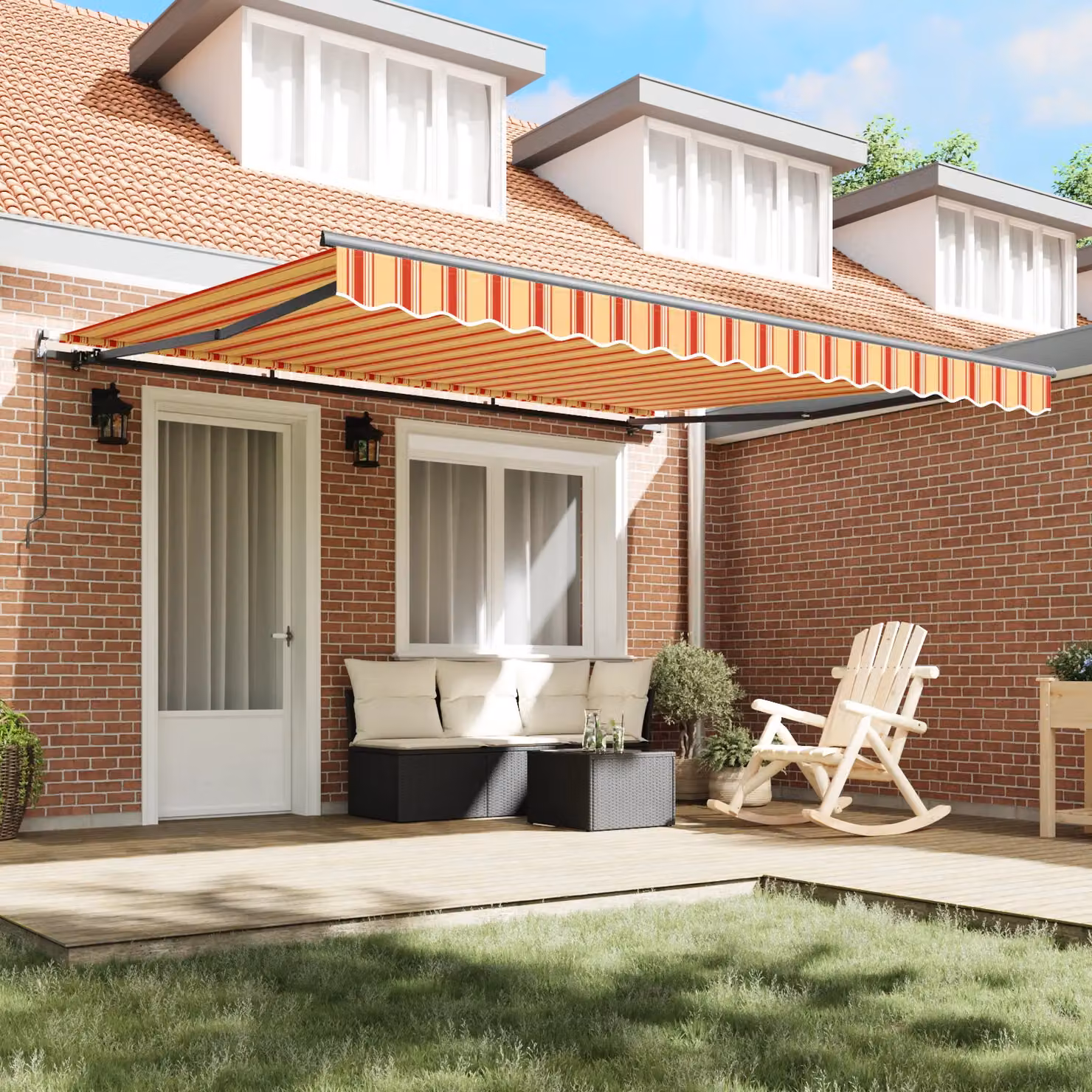 Berkfield Home Manual Retractable Acrylic Fabric Awning in Yellow and Orange, W/D/H: 400 x 300 x 165 cm – 3