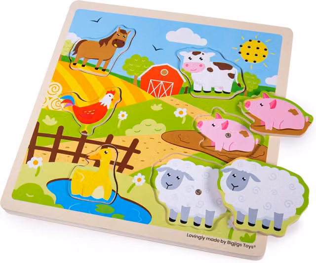 Bigjigs Toys Farm Sounds Multicoloured Wooden Knob Inset Puzzle