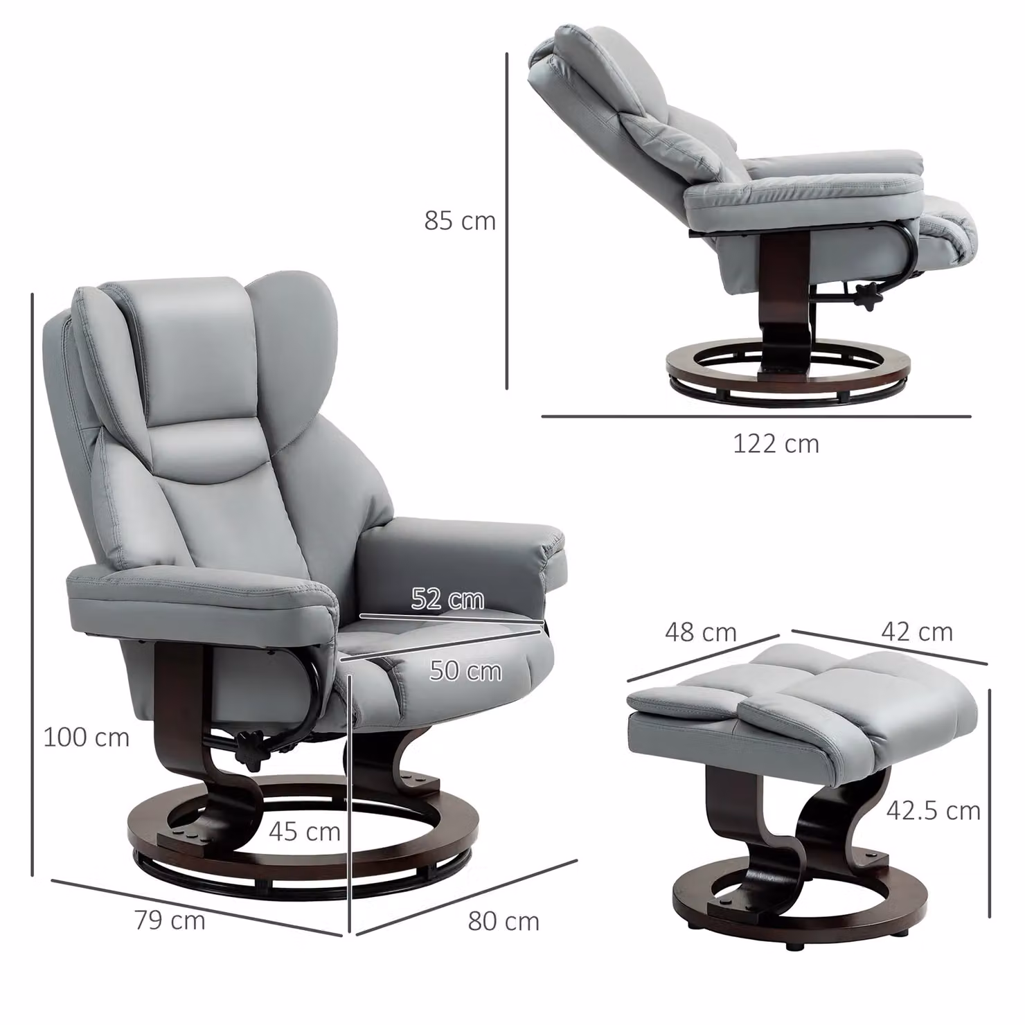 HOMCOM 360 Swivel Recliner Chair with Matching Ottoman in Grey PU Leather – 3