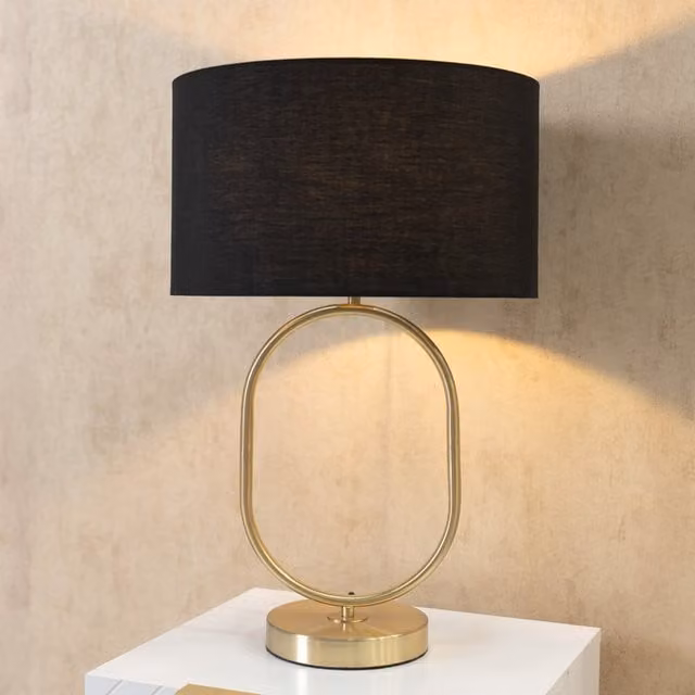 ValueLights Antonia Oval Table Lamp in Brushed Gold and Black with Fabric Drum Shade and LED Bulb