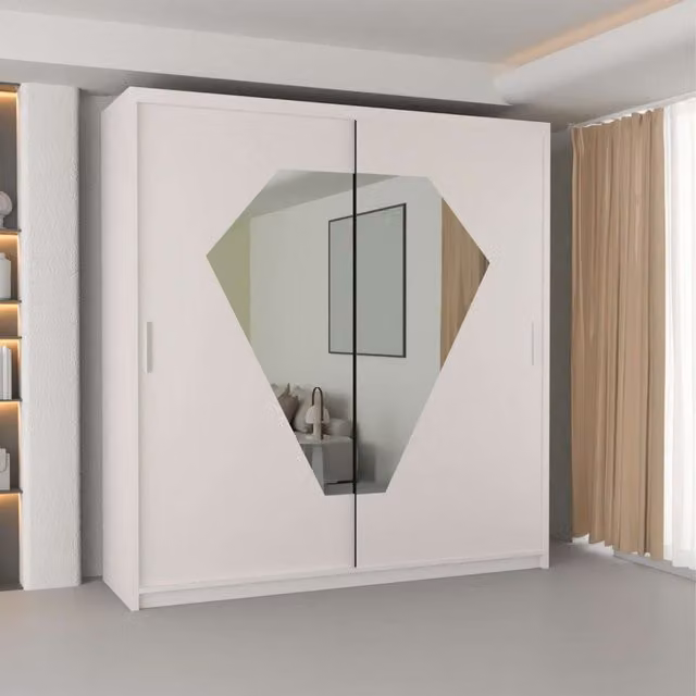 MN Furniture Modern White Wardrobe with Integrated LED Lighting and Mirror Design, W/D/H: 203 x 40 x 217 cm