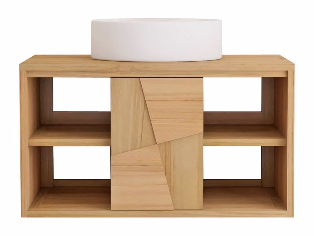Vente-unique Suspended Teak Bathroom Vanity Unit with Round Ceramic Countertop in Light Oak and Beige – 2