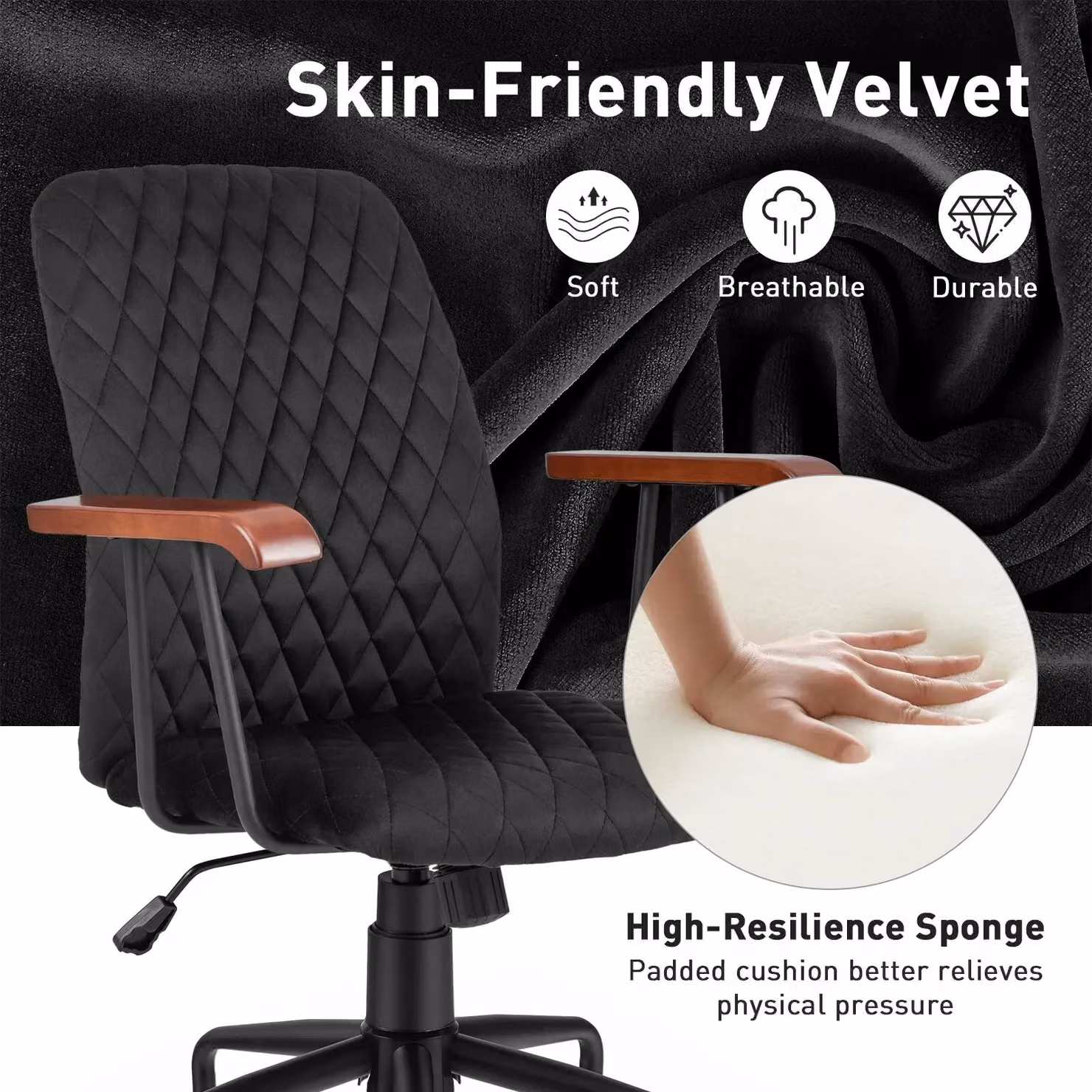 Costway Black Velvet Swivel Task Chair with Armrests and Castors for Home Office – 5