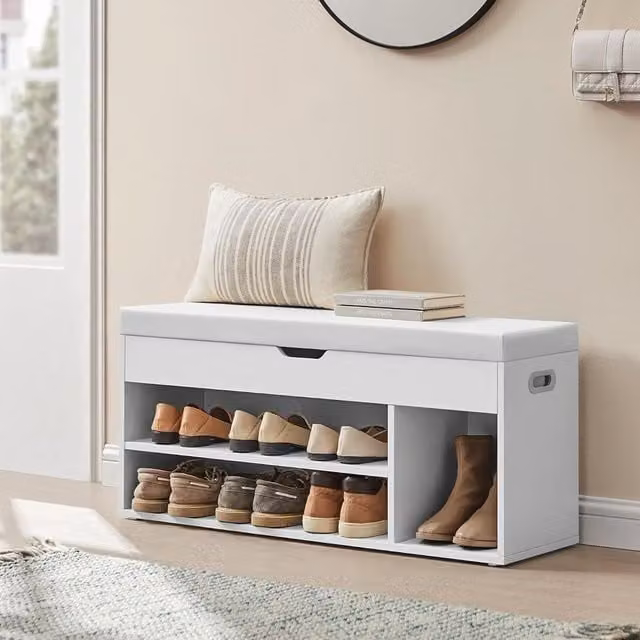 VASAGLE Modern White Shoe Storage Bench with Padded Synthetic Leather Cushion and 3 Compartments – 1
