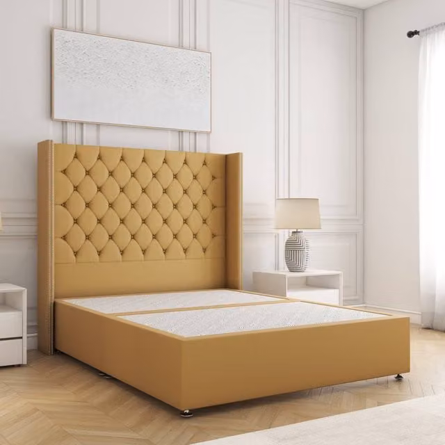 BSSPOKE Olivia Single Divan Bed with 54 inch Plush Velvet Headboard in Mustard Yellow